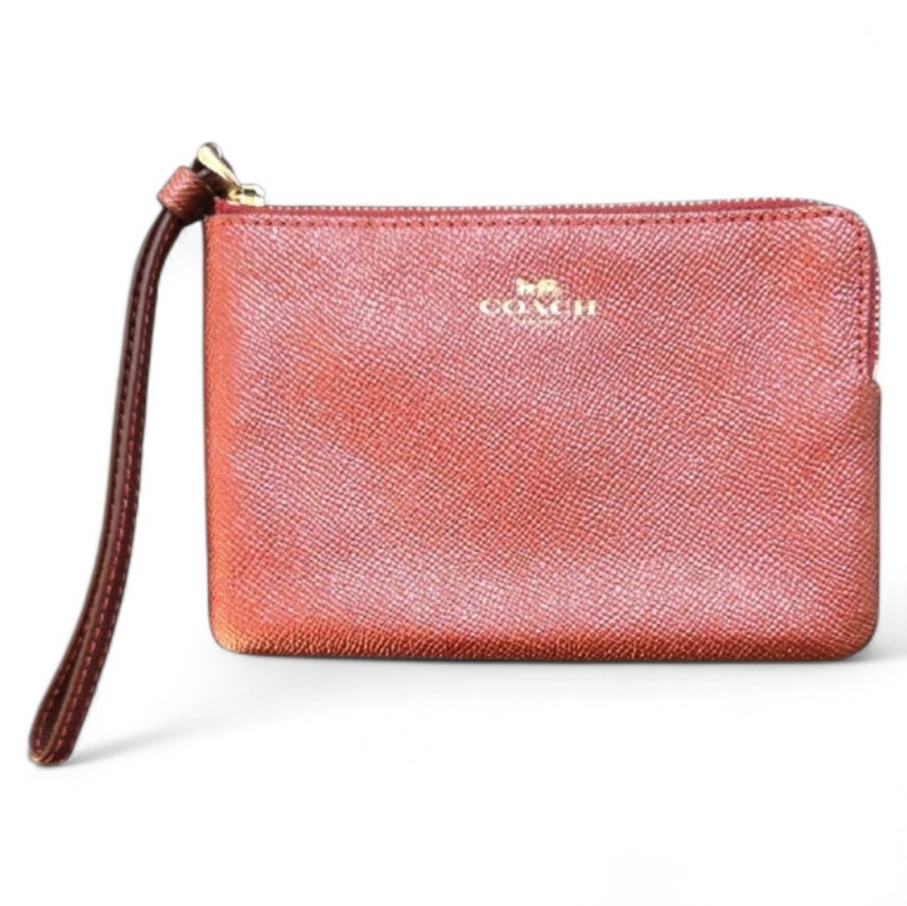 Coach Corner Zipper Pebble Crossgrain Leather Metalic Red Wristlet